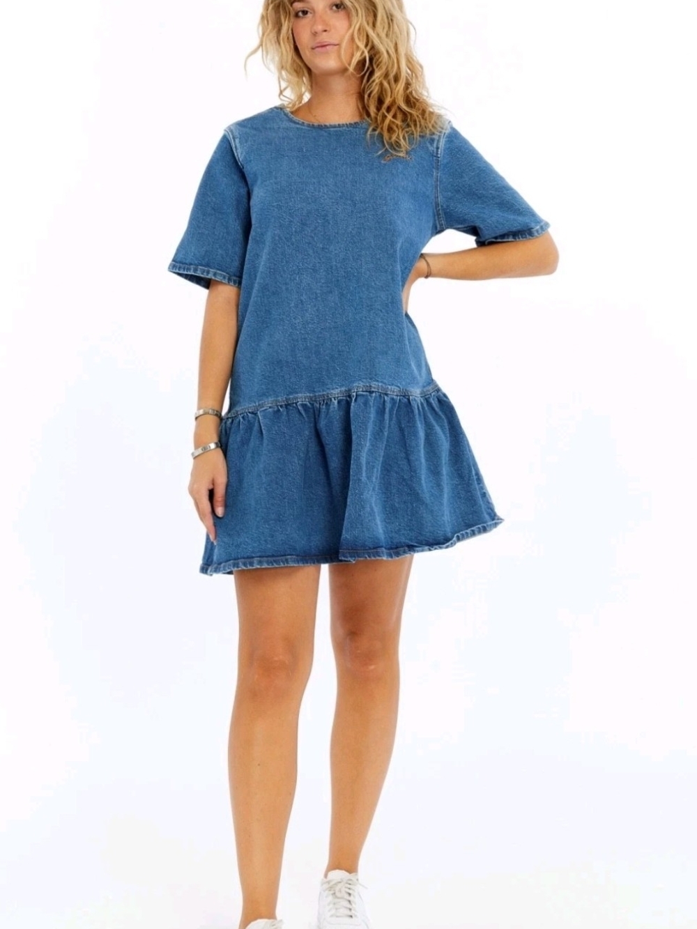 GANNI Mid Blue Stone Denim Open Back Drop Waist Mini Dress